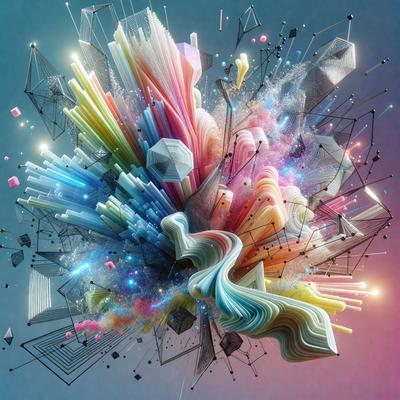The primary subject of the image is a colorful, abstract artwork featuring a mix of geometric shapes and bright colors. The setting is a blue background, which contrasts with the vibrant colors of the artwork. The visual style is a combination of digital art and illustration, creating a unique and eye-catching design. The dominant colors are blue, pink, yellow, and green, giving the artwork a lively and energetic atmosphere.